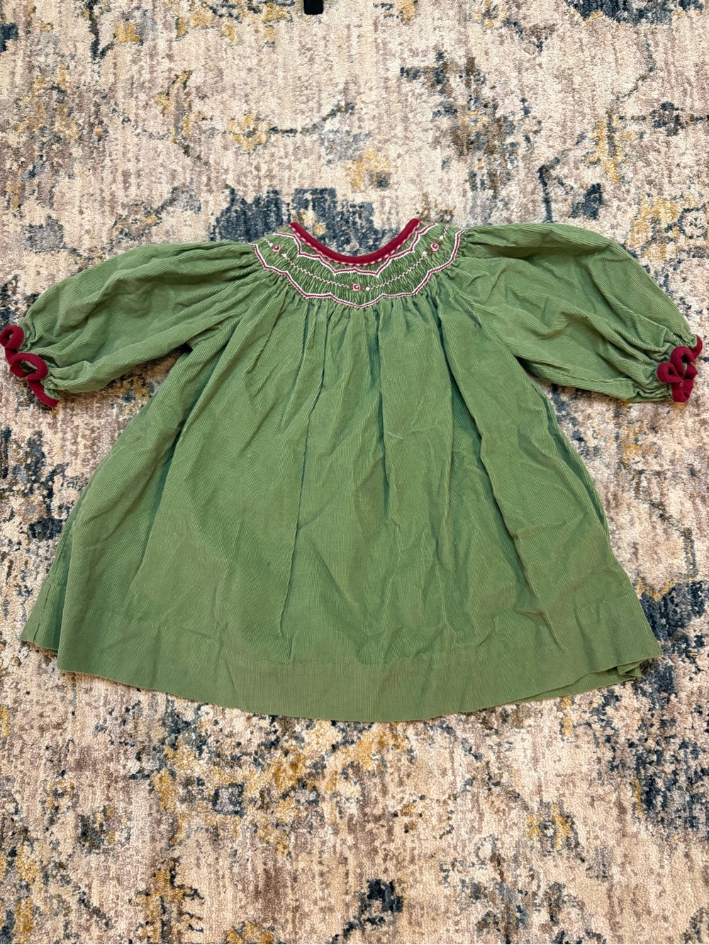 Petit Ami Girl’s Green Corduroy Long Sleeve Dress Smocking Detail Size 3 Months